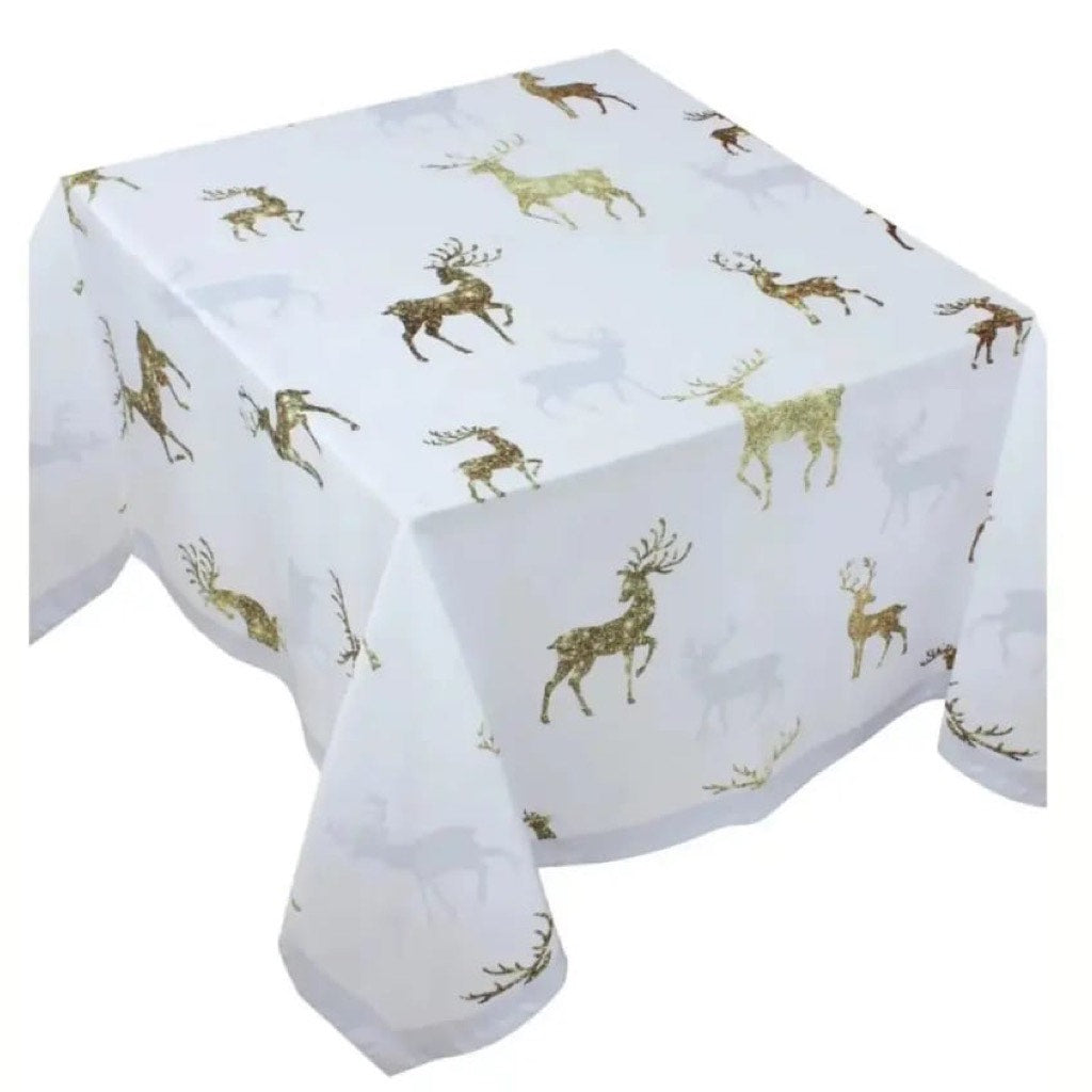 The Golden Reindeer Square Table Cloth In White