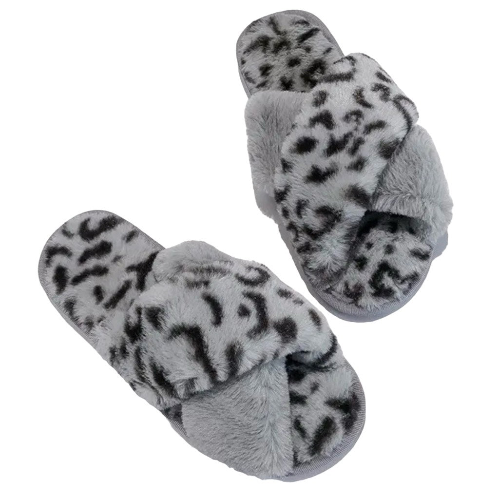 The Animal Print Fuzzy Slippers In Grey